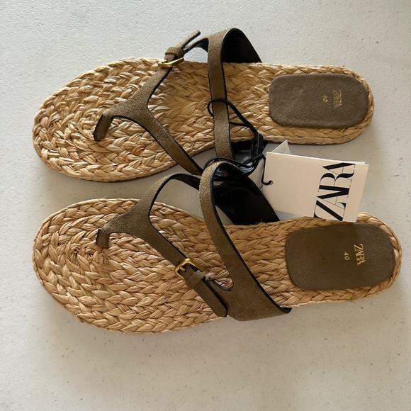 NEW Zara Leather Thong Espadrille Sandal Size 40 US 10 - Picture 4 of 6
